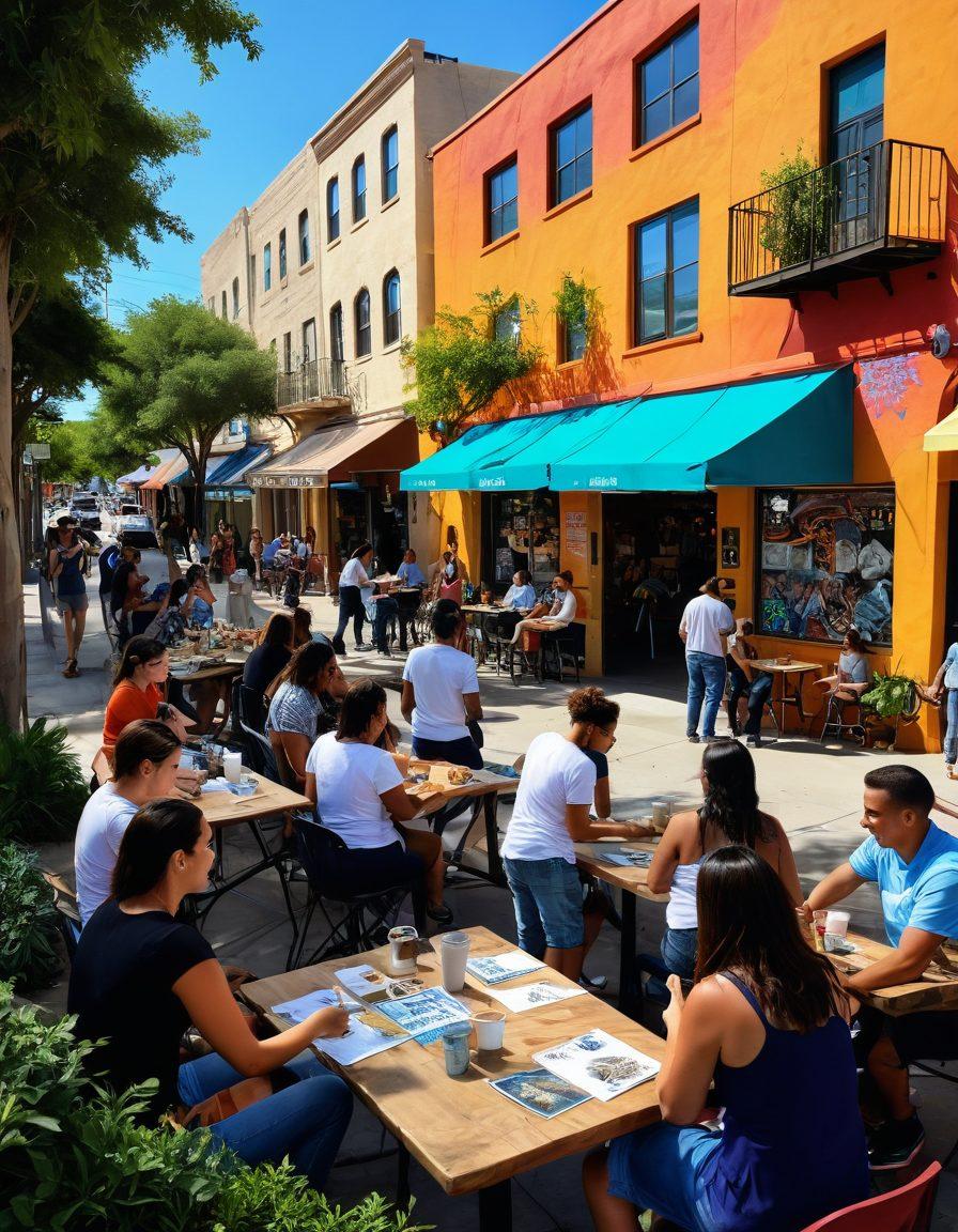 A lively street scene in San Marcos showcasing diverse individuals collaborating on creative projects, surrounded by vibrant murals and greenery. The atmosphere is warm and inviting, highlighting authentic moments of connection and collaboration. Include elements like a community board with art and event flyers, and people enjoying conversations over coffee. Super-realistic. Vibrant colors. 3D.