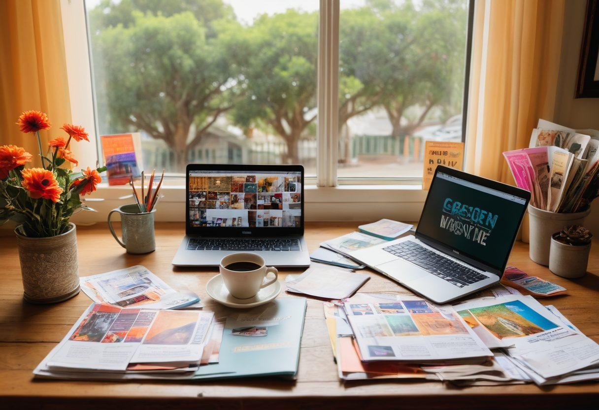 A beautifully arranged workspace featuring a laptop with an open blog post about San Marcos events, surrounded by colorful event flyers and vibrant photographs of local festivities. Include a coffee cup, notebooks, and artistic tools to represent creativity. Bright natural light streaming in through a window to symbolize inspiration. super-realistic. vibrant colors. soft focus.