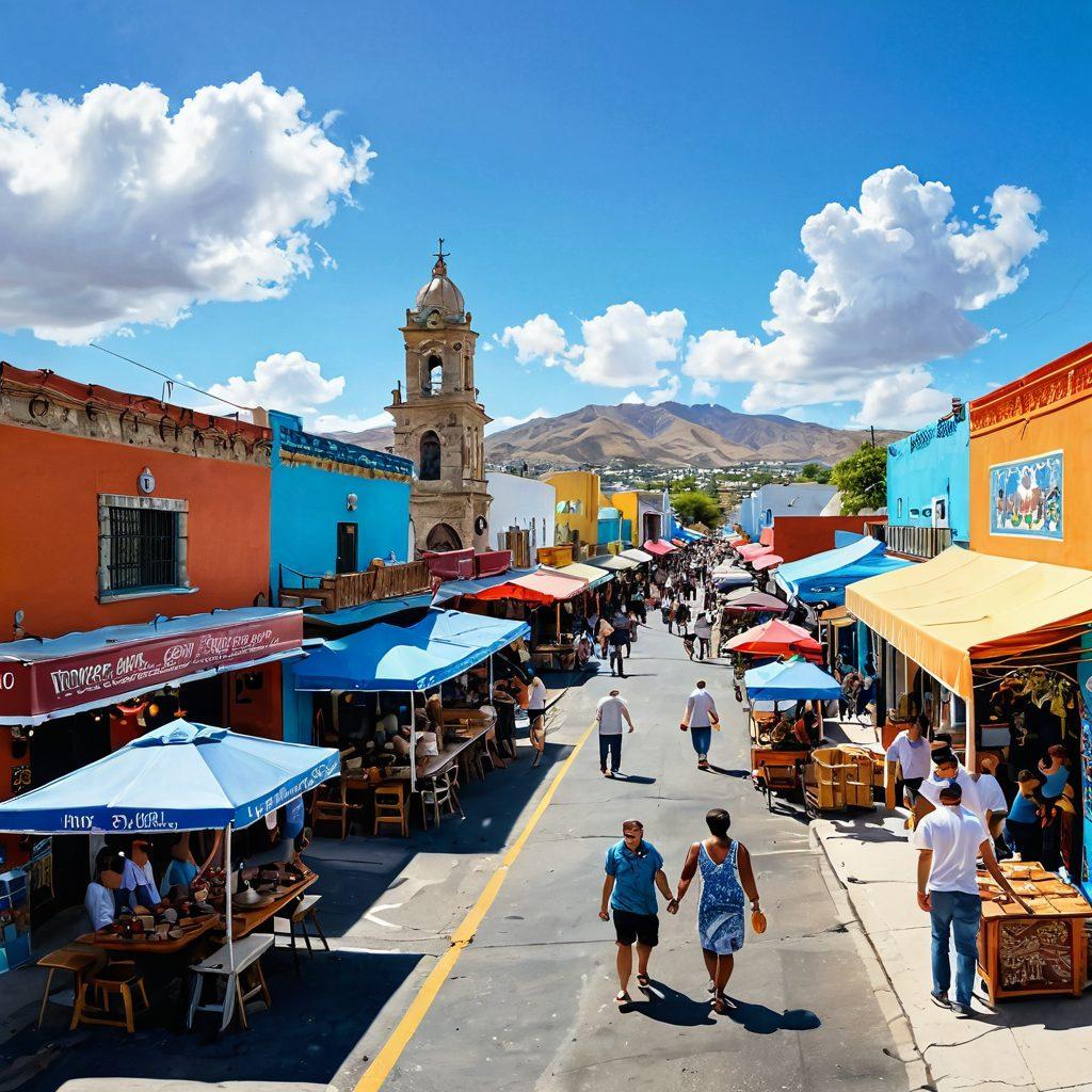 A vibrant street scene in San Marcos showcasing local culture, with colorful murals, bustling markets, and people engaging in traditional festivities. Highlight elements like delicious street food, musicians playing, and handicrafts. The sky is blue, adding a lively atmosphere. super-realistic. vibrant colors. white background.